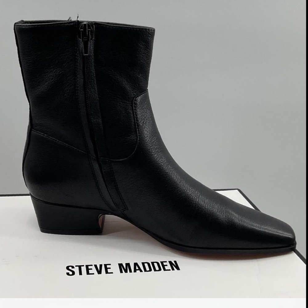 Steve Madden Dusty Black Leather Square Toe Ankle Boots DUST02S1 Womens 7.5M